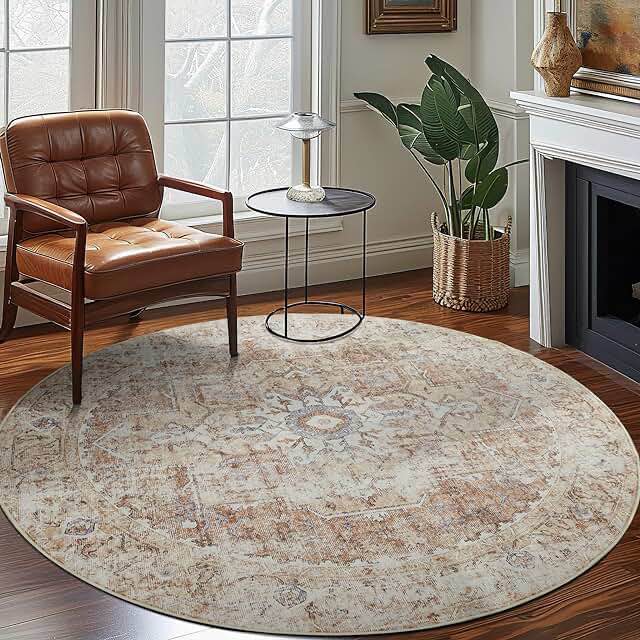jinchan Round Rug 8ft Washable Rug Area Rug Vintage Rug Indoor Floor Cover Print Distressed Brick Red Carpet Multi Circle Rug 8' Round Chenille Accent Rug Kitchen Living Room Bedroom Dining Room
