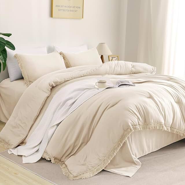 Litanika Beige Comforter Full Size, 3 Pieces Boho Lightweight Solid Bedding Set & Collections, All Season Fluffy Bed Set (79x90In Comforter & 2 Pillowcases)