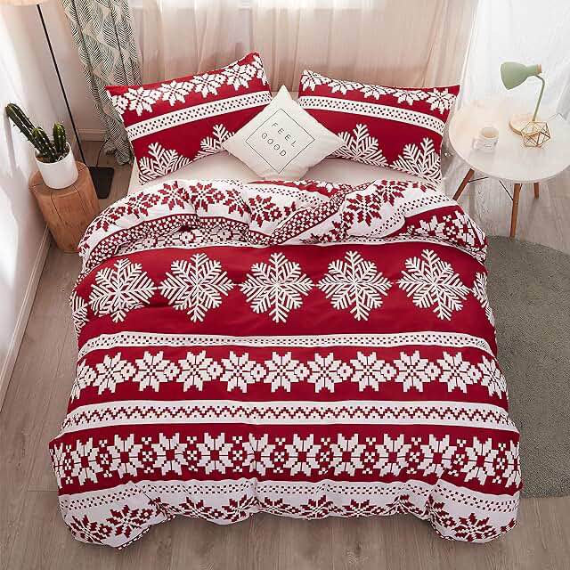 red and white Christmas cover uzzi bedding LAMEJOR Christmas Duvet Cover Set Queen Size Snowflake Decor Red Bedding Set Luxury Holiday Decoration(1 Duvet Cover+2 Pillowcases)