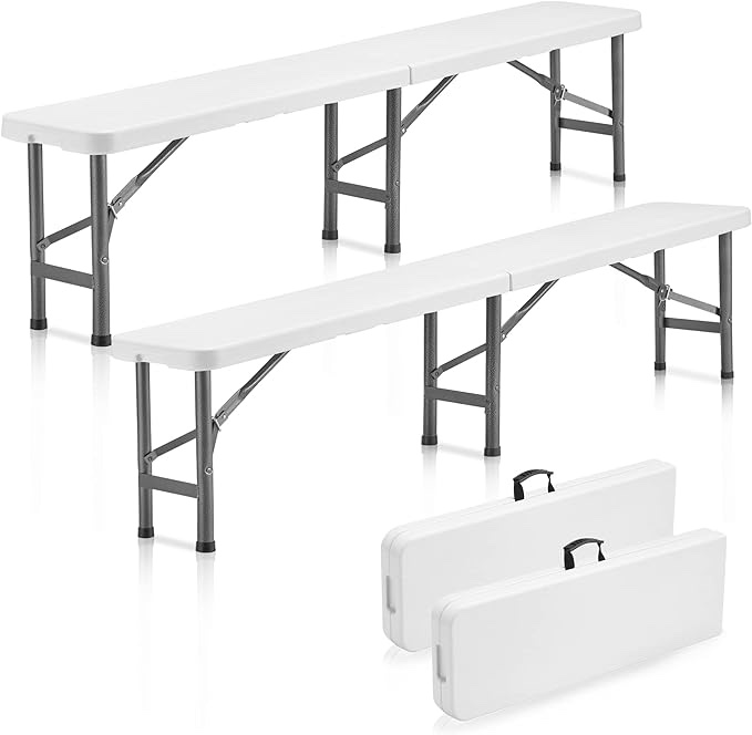 Candockway 6ft Portable Folding Bench, Outdoor Bench with Non-Slip Mat, Sturdy Waterproof Bench, Garden Bench Seat for Picnic Camping Dining Party, Sturdy Steel Frame, 2 Pack