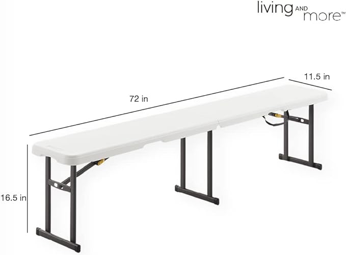 6 Foot Fold-in-Half Bench with Carrying Handle, Easy Folding and Transport, Indoor/Outdoor Use, Sturdy Steel Frame, 72"D x 11.5"W x 16.3"H, White