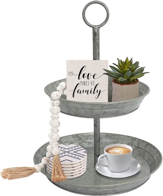 FLORA Farmhouse 2 Tiered Galvanized Serving Tray Stand with Carry Handle, Rustic Metal Display Tray for Cupcake Dessert Fruit, Silver