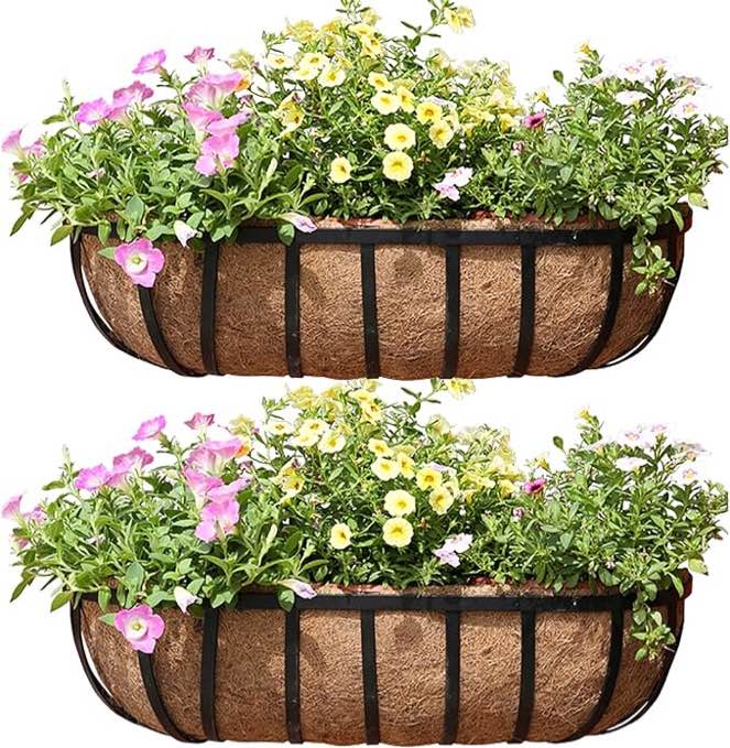 HFHOME 2 Pcs 24" Window Box Deck Railing Planter with Horse Trough Coco Liners, Black Metal Hanging Flower Planters Baskets for Indoor, Outdoor, Balcony, Porch, Fenc