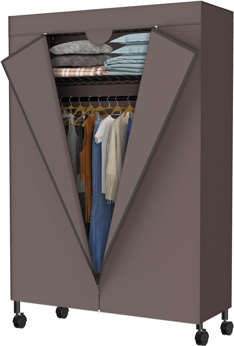 JS HOME Heavy Duty Garment Rack, Free-Standing Rolling Clothes Rack with Fitted Brown Oxford Cover, Extra Large Wardrobe Storage Rack/Organizer Large With Brown Cover