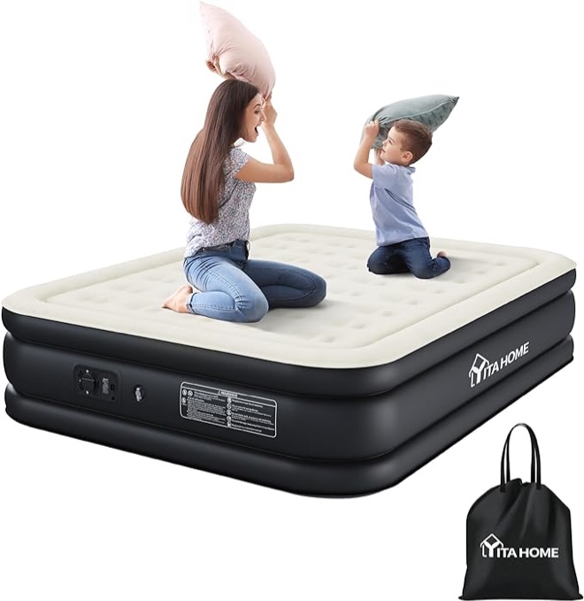 YITAHOME Queen Air Mattress with Built-in Pump and Carry Bag, 18" Elevated Inflatable Mattress Blow Up Mattress for Camping, Home, & Portable Travel - Black