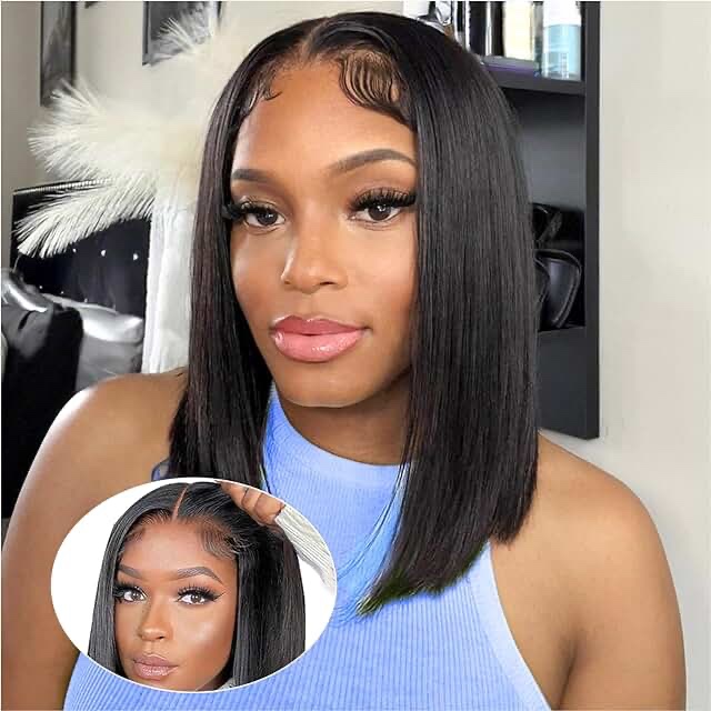 5X5 Wear and Go Glueless SKINLIKE Real HD Lace Closure 200% Density Straight Bob Wigs Human Hair 0.095mm Ultra-thin Invisible Swiss HD Lace Glueless Wigs (10inch, 5X5 Glueless Real HD Lace BOB Wig)