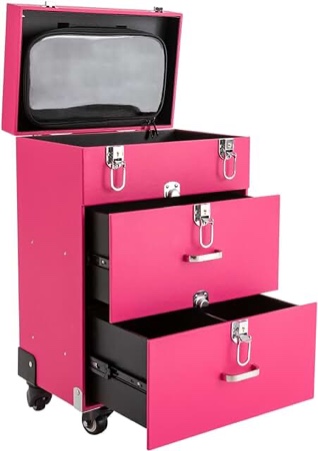 Adazzo Professional Rolling Makeup Train Case 4 in 1 Aluminum Trolley Case with 360° Rotation Wheels for Makuep Artist Cosmetic Suitcase Organizer with Lock and Key Diamond Pattern - pink