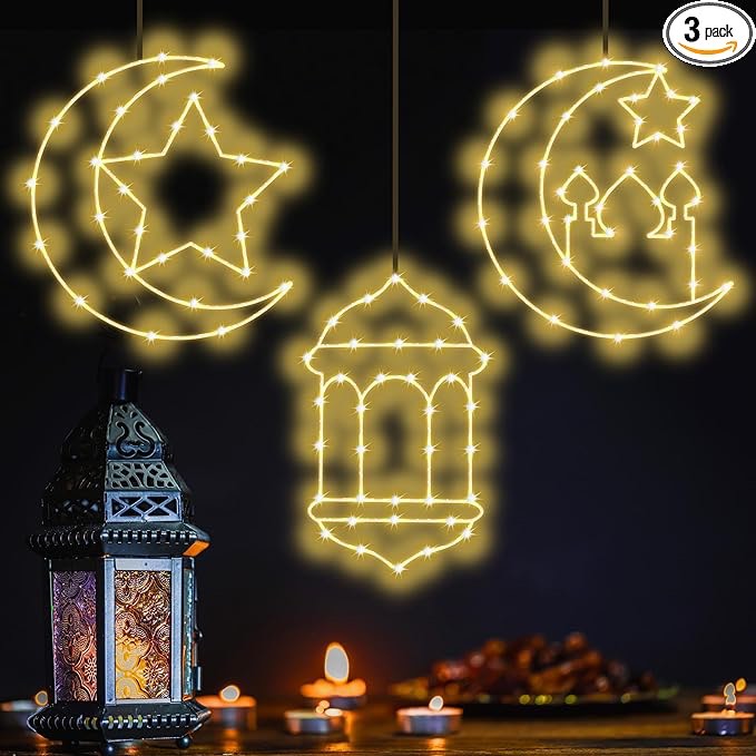 Ramadan Mubarak Decorations Lights 3 Pack, Moon Star Pendant Muslim Islamic Window Lights Up Ramadan Decor Indoor 8 Light Modes Remote with Timer, Eid Mubarak Ramadan Window Light for Door Yard Party