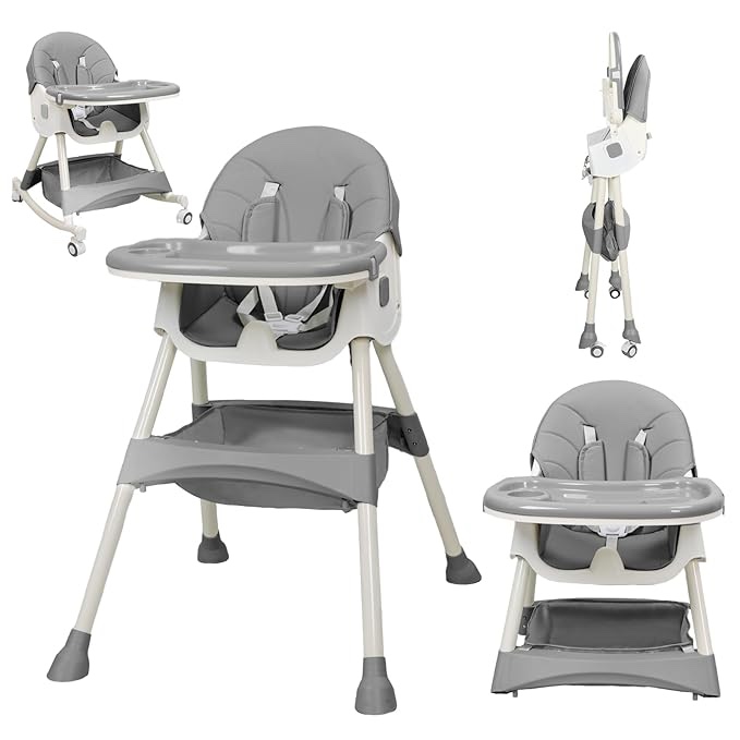 Boyro Baby 4-in-1 Baby High Chair, High Chairs for Babies and Toddlers with Removable Tray and Adjustable Backrest & Height, Convertible & Foldable, Grows with Baby