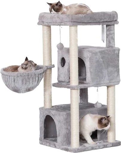 Hey-brother Multi-Level Cat Tree Condo Furniture with Sisal-Covered Scratching Posts, 2 Plush Condos, Perch Hammock for Kittens, Cats and Pets, Light Gray MPJ020-SW 19.7"×15.0"×57.1" Light Gray