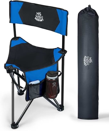 DEERFAMY Camping Tripod Chair, Tripod Stool with Backrest, Portable Lightweight Chair with Carry Bag, Cup Holder for Beach Fishing Golf Travel Outdoor Lawn, Blue