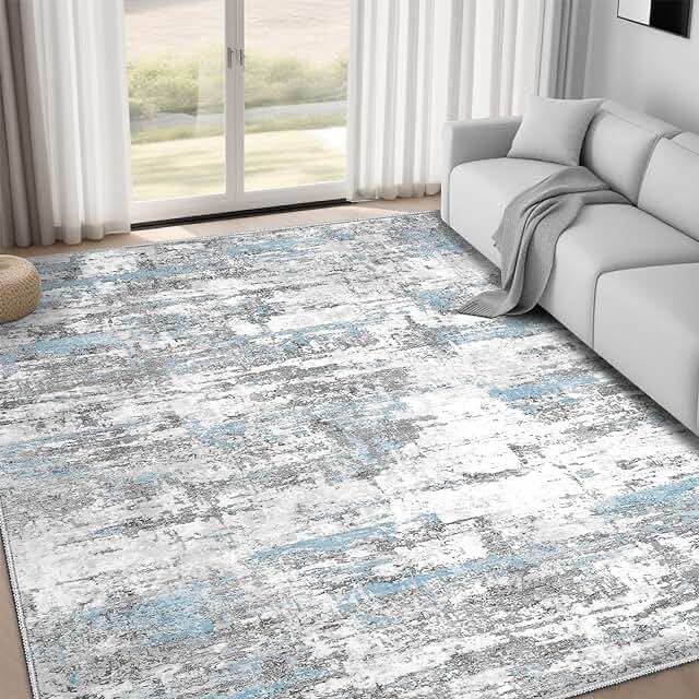 Area Rug Living Room Rugs 5x7: Modern Neutral Abstract Aesthetic Rug for Bedroom Dining Room Table - Large Soft Stain Resistant Machine Washable Rug, Indoor Home Office Carpet - Blue Grey