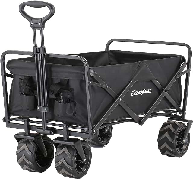 EchoSmile Collapsible Folding Wagon Cart, Beach Wagon for Sand with Big Wheels, Heavy Duty 400lbs Capacity Utility Wagon, Portable Garden Cart with Adjustable Handle, Foldable Grocery Wagon for Sports