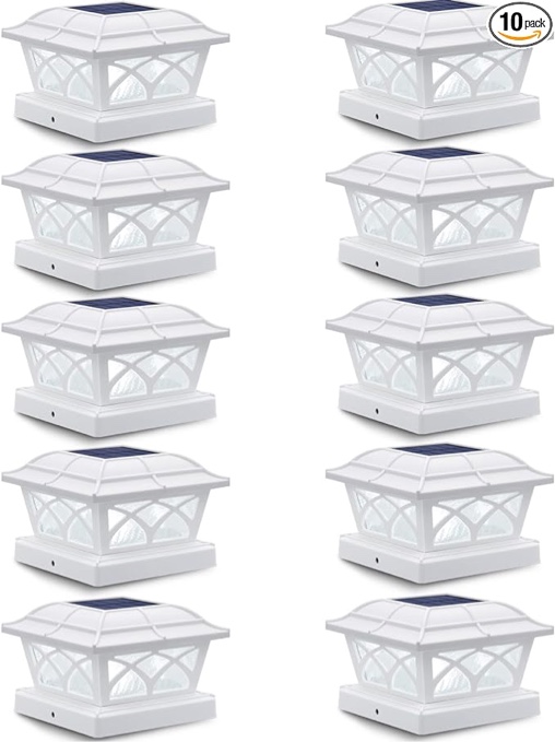 SIEDiNLAR Solar Post Cap Lights Outdoor Glass 2 Color Modes 8 LEDs for 4x4 5x5 6x6 Wooden Vinyl Posts Fence Deck Patio Decoration Warm White & Cool White Lighting White (10 Pack)