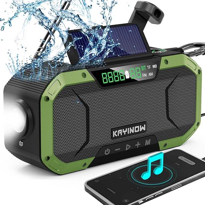 Emergency Radio Waterproof Bluetooth Speaker,Portable Digital AM FM Radio with Flashlight,Reading Lamp,Hand Crank NOAA Weather Radio with Solar Panel,5000mAH Cell Phone Charger,Emergency Survival Kit