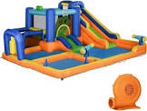 Inflatable Water Slide Bounce House for Kids, 6-in-1 Backyard Water Park with Splash Pool, Climbing Wall, Basketball Hoop, Water Cannon, Air Blower
