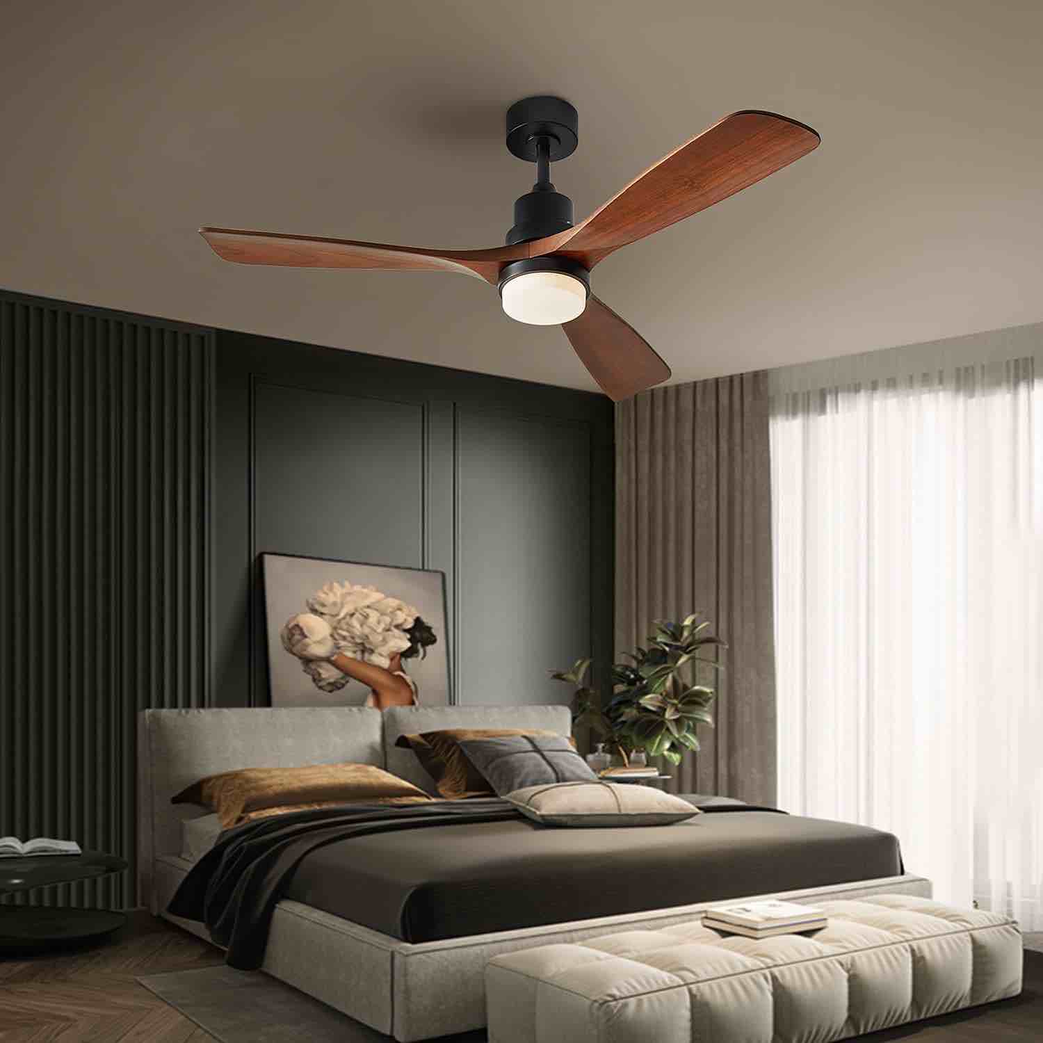 Chriari Modern Ceiling Fans with Lights, 3 Wood Fan Blades, 52" Black with Remote Control, Noiseless Reversible DC Motor for Bedroom/Living Room/Study/Patio