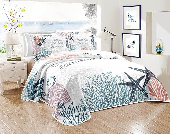 Coastal Bedding Quilt King Size with 2 Shams, Nautical Beach Bedspreads Navy Blue Ocean Coastal Coverlet Sets Summer Comforter Set for All Season, 96x106