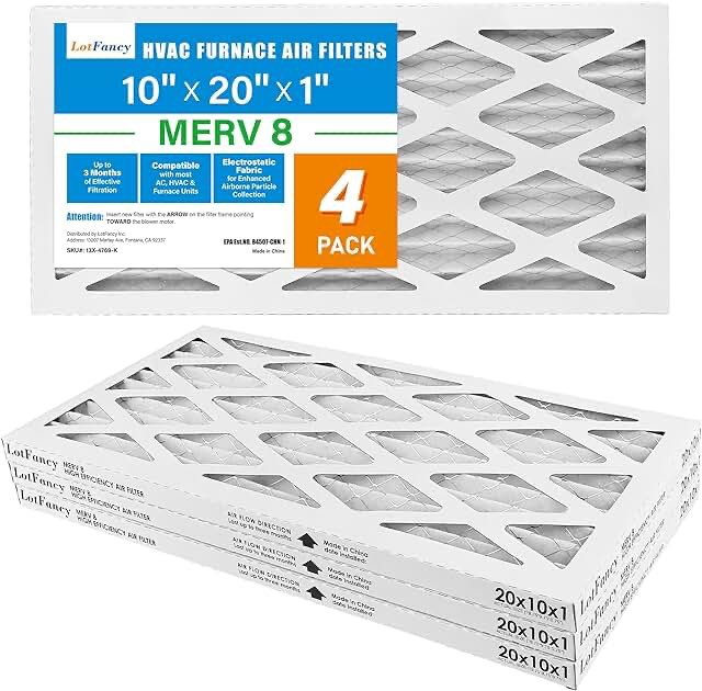 LotFancy 10x20x1 Air Filters, 4 Pack, MERV 8 Pleated AC Furnace Filters, MPR 600, Air Conditioner HVAC Filter