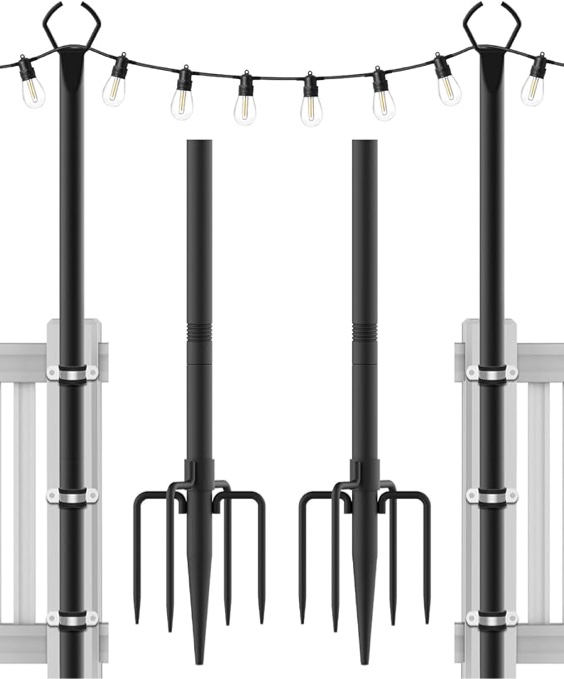 AILBTON 10Ft String Light Poles 2 Pack,Light Poles for Outside Lights,Outdoor with Fence Brackets Hanging Lights,Metal Stand Deck Patio Backyard
