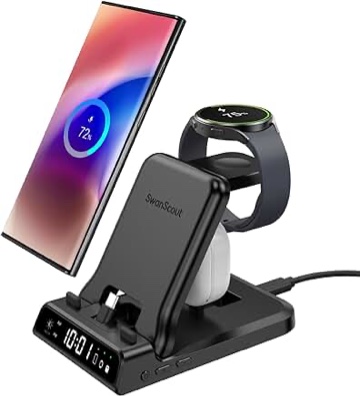 SwanScout Charging Station for Samsung, Foldable 25W 3 in 1 Super Fast Charging Dock Stand for Galaxy S23 Ultra/S22/S21/Z Flip 5/Z Fold 5/A54/A14/Buds, Samsung Watch Charger for Galaxy Watch 6/5/4/3