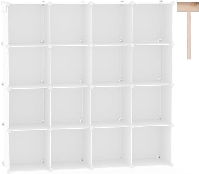 C&AHOME Cube Storage Organizer, 16-Cube Shelves Units, Closet Cabinet, DIY Plastic Modular Book Shelf, Ideal for Bedroom, Living Room, Office, 48.4" L x 12.4" W x 48.4" H Milky 