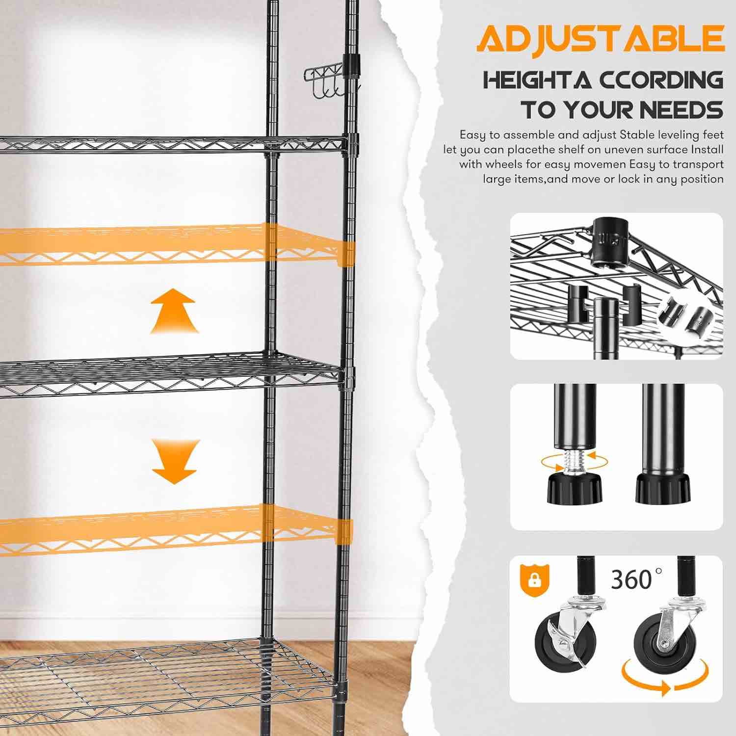Shelving,1750Lbs Capacity 5 Tier Heavy Duty NSF Wire Shelf with Rolling Wheels Black Metal Storage Shelves Adjustable Wire Rack Unit 36" W x 14" D x 72" H for Kitchen Bathroom Garage Closet