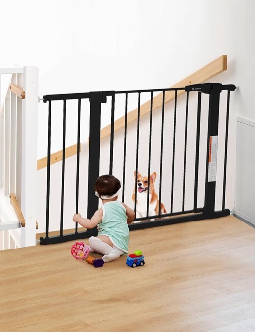 COMOMY 29.5-43.3" Extra Wide Baby Gate for Stairs Doorways, Auto Close Dog Gate for House, Pressure Mounted Easy Walk Through Pet Gate with Door, Durable Safety Child Gate Indoor(30" Tall, Black)