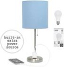LimeLights LT2024-BLU-LB 19.5" Brushed Steel Stick Table Desk Lamp with Charging Outlet and Drum Fabric Shade for Living Room, Hallway, Nightstand, Office, Blue Shade, with Feit LED Bulb Included Blue with Bulb 1