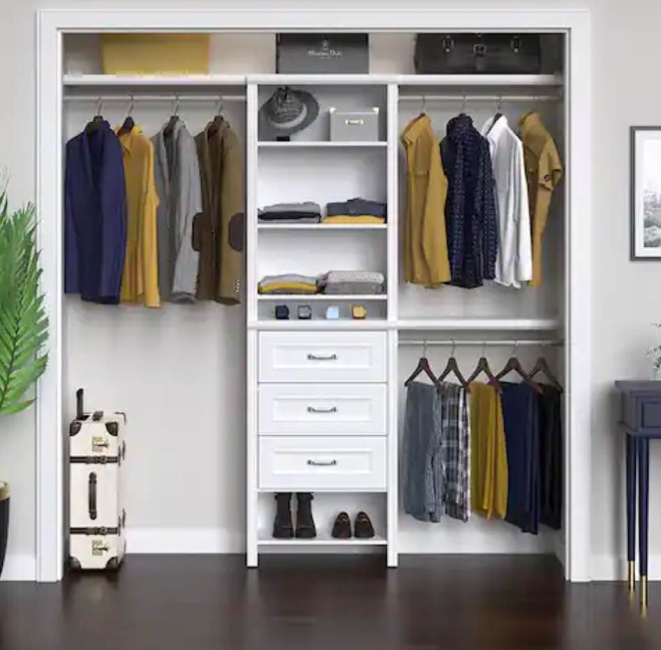 60'' W Closet Organizer With Wood Drawers And Hanging Rods
