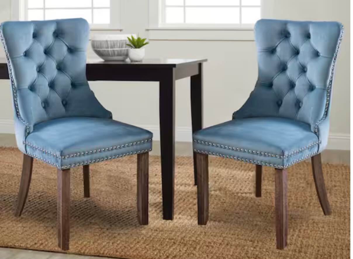 WHITE WOODEN DINING CHAIR WITH LIGHT BLUE VELVET COVER (2/2)
