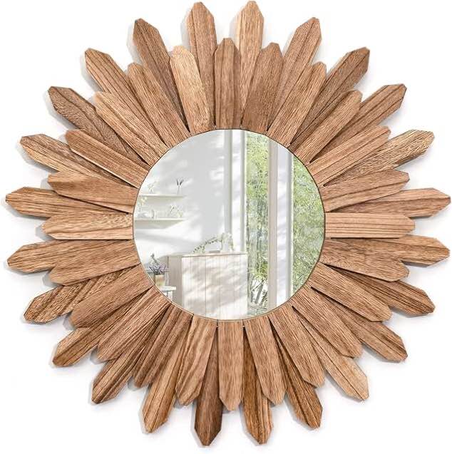 Honiway Boho Wall Decor 21 inch Wall Mirror Rustic Wood Decorative Mirror for Room Decor Rustic Home Decor Farmhouse Wall Decor at Living Room Bedroom Bathroom Hallway Trilcolor