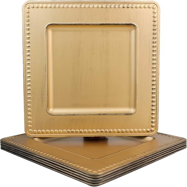 Spsyrine Set of 6 Square Chargers for Dinner Plates, Antique Gold Plastic Service Plates for Party, Wedding, Table Decor