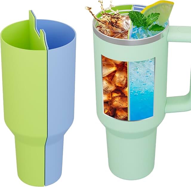2-in-1 Drink Separator Silicone Liner Compatible with Stanley Cup 40 oz, Stanley Accessories, Reusable Liner for Cold Drink Separator for Coffee, Juice, Cocktails, Whiskey (Green and Blue)