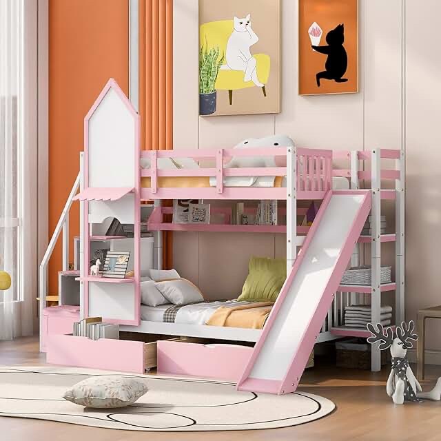 ***BOXES ONE OF THREE ONLY*** Leedey Castle Style Wood Bunk Bed with 2 Drawers 3 Shelves and Slide by Harper Orchard