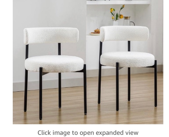 Boucle Dining Chairs Set of 2, Modern Upholstered Dining Room Chairs, Armless Kitchen Chair for Dining Room, Living Room, Black Metal Legs (2 PCS