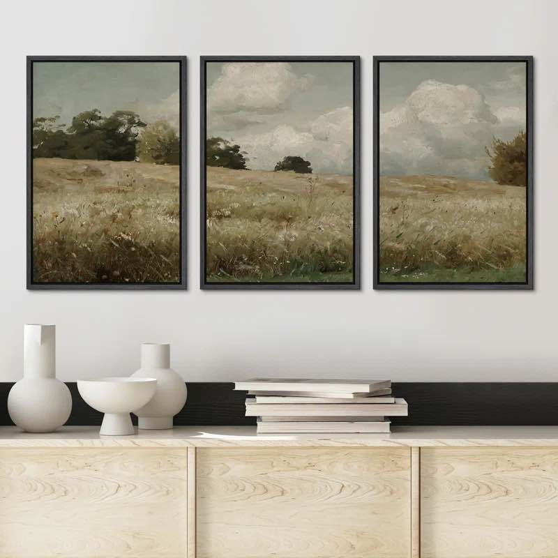 Rustic Clouds Meadow Landscape Vintage Wood Nursery Decor Framed Canvas 3 Pieces Print Wall Art