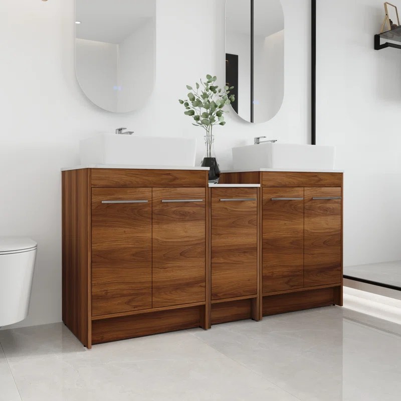 Rouba 60''Double Ceramic Sink Freestanding Bathroom Vanity,Modern Cabinet Set Combo with 5 Doors
