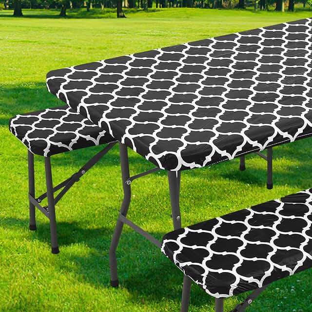 smiry Rectangle Picnic Tablecloth, Waterproof Elastic Fitted Table Covers for 6 Foot Tables, Wipeable Flannel Backed Vinyl Tablecloths for Camping, Indoor, Outdoor (Black Morocco, 30x72 Inches) Black 6Ft - 30*72 inch rectangle
