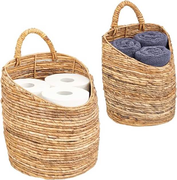 mDesign Woven Banana Bark Hanging Wall Storage Basket for Flowers & Essentials, Decorative Boho Mounted Organizer for Pantry, Closet, Bathroom, and The Door - Set of 2 - Natural/Tan