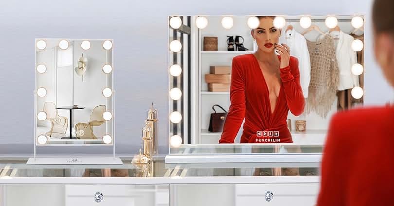 Fenair Bluetooth Vanity Mirror with Lights and Wireless Charging Lighted Makeup Mirror with 12 LED Lights Upgrated Hollywood Mirror with Dimmable Lights