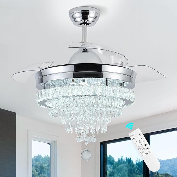 FRIXCHUR 42" Dimmable Fandeliers Crystal Chandelier Ceiling Fans with Lights and Remote Retractable Chandelier Ceiling Fan 6 Speed 3 Colors Change for Bedroom Living Room Dining Room 40W*2 1 Chrome Ceiling fans