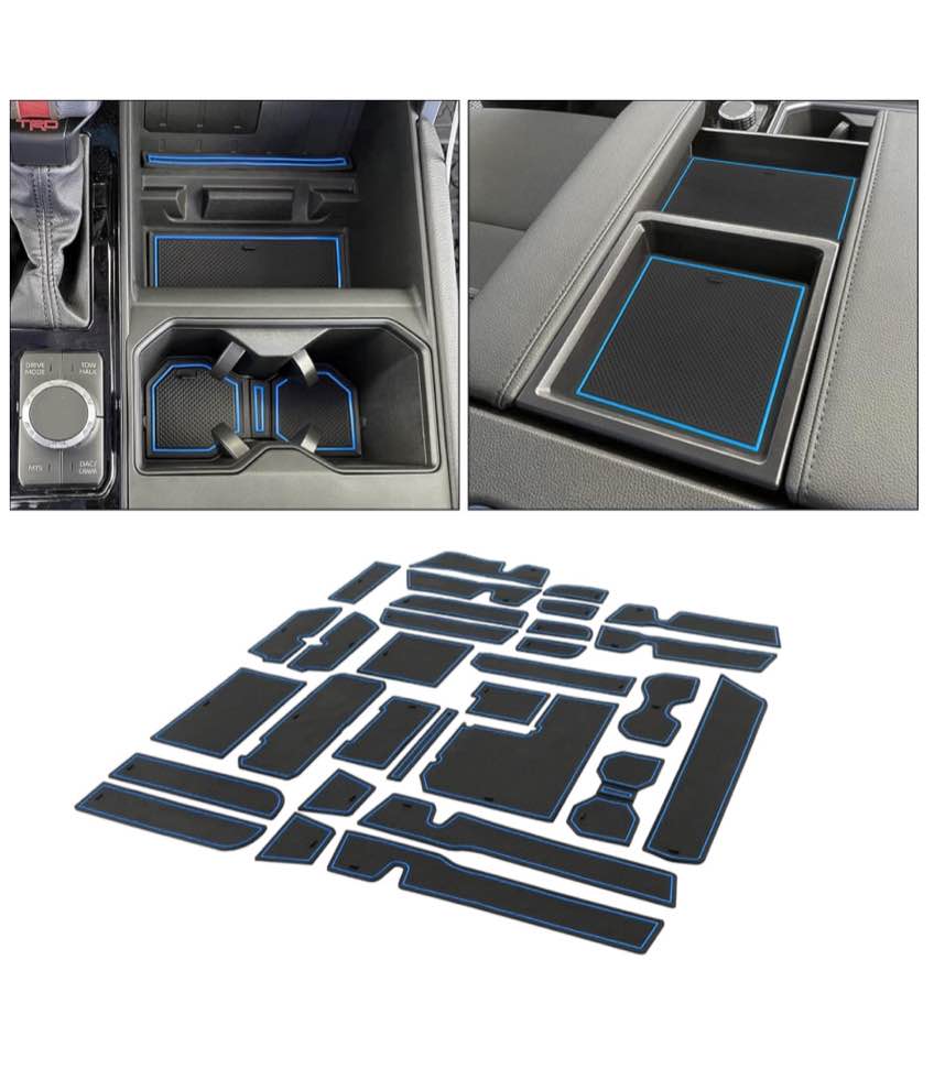 JDMCAR Liner Accessories Compatible with Toyota Tundra 2022-2023 2024, Custom Non-Slip Anti Dust Cup Holder and Door Pocket Inserts Kit (Blue Trim) - 30 PC Set