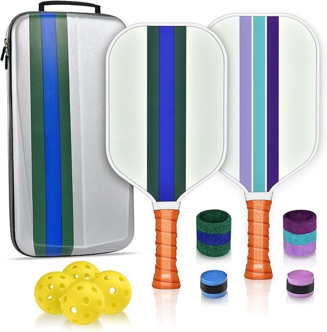 Pickleball Paddles Pickle Ball Set: Beginner Fiberglass Surface Pro Pickleball Racket 2 Pack Lightweight Anti-Slip Grip Honeycomb 4 Indoor & Outdoor Pickle Balls Portable Carry Bag Kit for Men Women