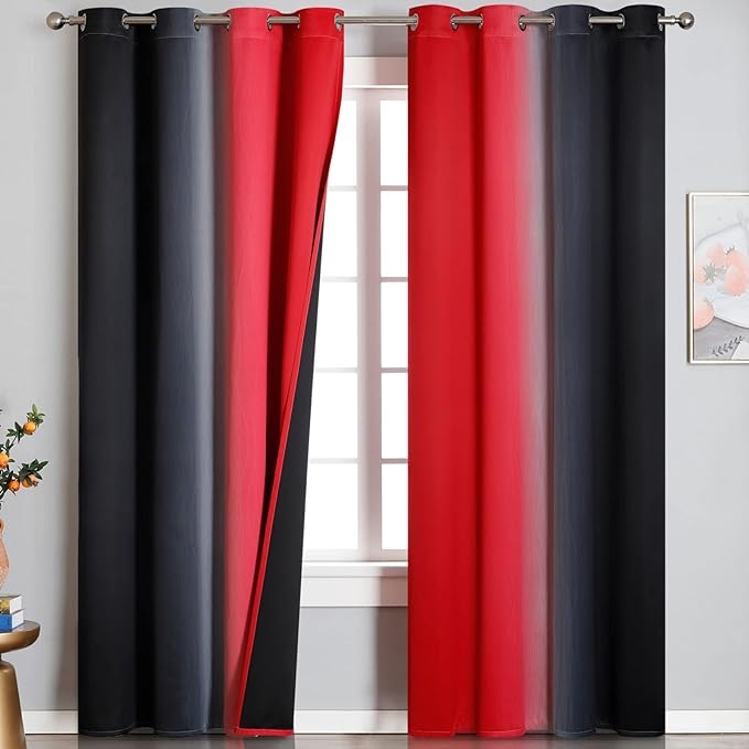 Ombre Red and Black Curtains 96 Inches Long, Total Blackout Curtains for Bedroom, Thermal Insulated Gradient Grommet Drapes, Full Light Blocking Curtains for Living Room, 52x96 Inch, 2 Panels