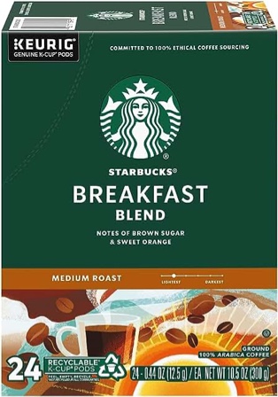 Starbucks Breakfast Blend  Medium Roast K-Cup Coffee Pods  100% Arabica  24 ct