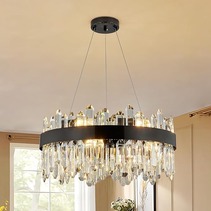 WABON Crystal Chandeliers Black Modern Chandelier, Dimmable Hanging Pendant Lighting 12 Light Round Chandelier for Living Room Dinning Room Kitchen Island