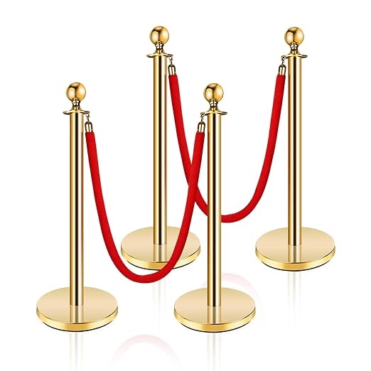 Stainless Steel Stanchion Post,5 FT Red Carpet Ropes and Poles,4pcs Gold Stanchions with Red Rope,Hollow Base and Velvet Ropes Safety Barriers Set,Carpet Runner for Party(37in)