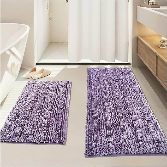 Civkor Bath Mats for Bathroom Purple,Bathroom Rugs Runner Long,Chenille Bathroom Rug Set 47x20 Plus 31x20 Non Slip Backing Extra Soft & Absorbent Thick Shaggy Floor Mats, Machine Washable