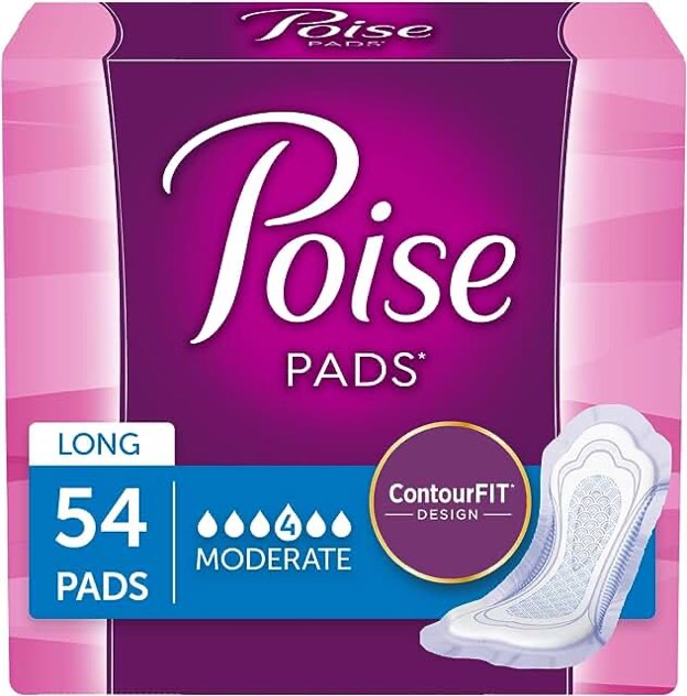 Poise Incontinence Pads & Postpartum Incontinence Pads, 4 Drop Moderate Absorbency, Long Length, 54 Count, Packaging May Vary